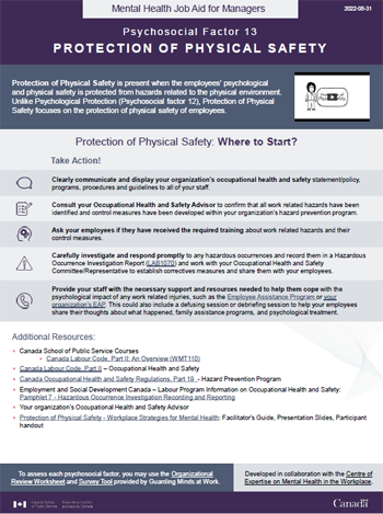 Mental Health Job Aid for Managers: Psychosocial Factor 13 – Protection of Physical Safety