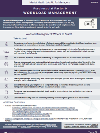 Mental Health Job Aid for Managers: Psychosocial Factor 9 – Workload Management